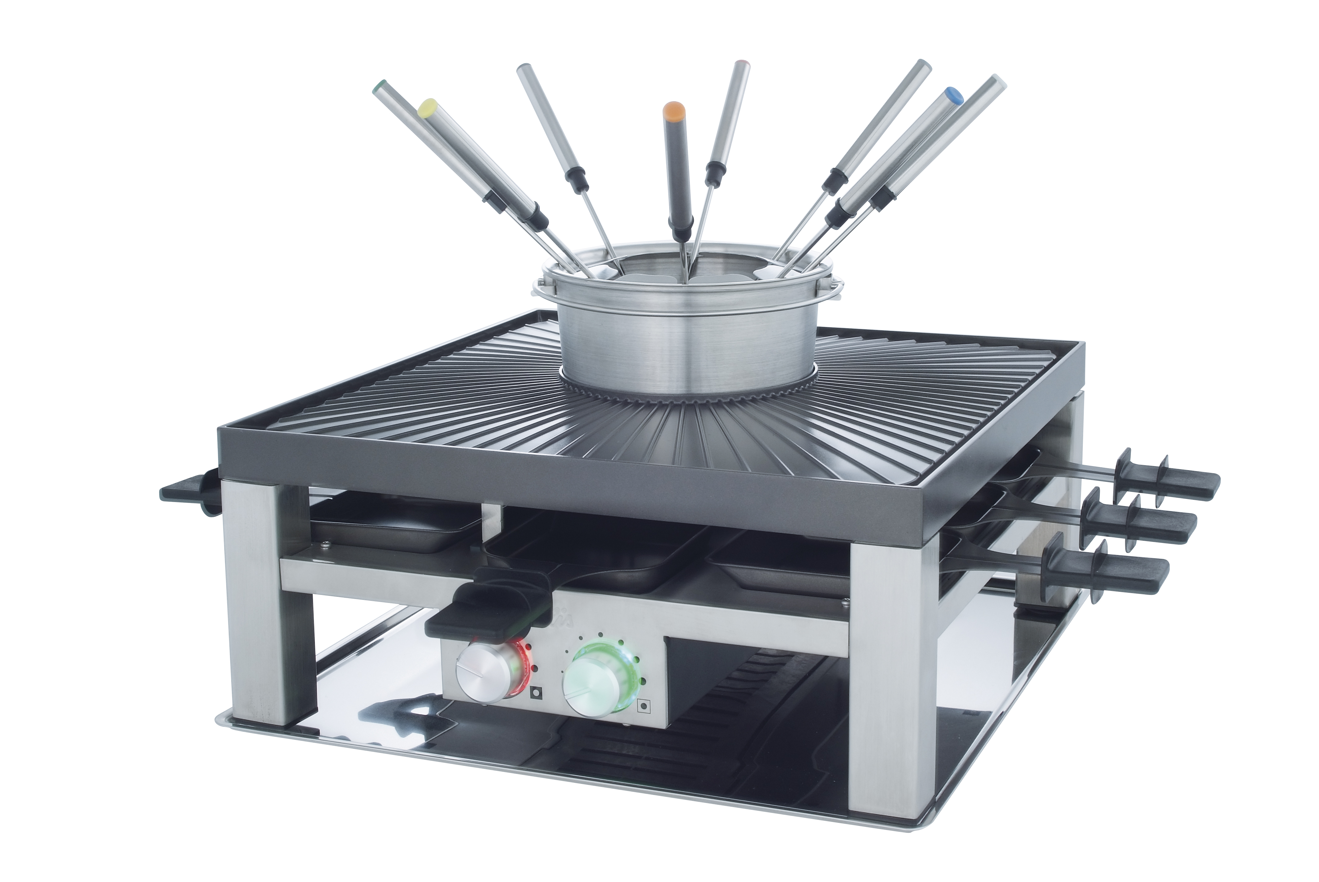 Fondue set with pot and forks on a grill, burners visible, white background.