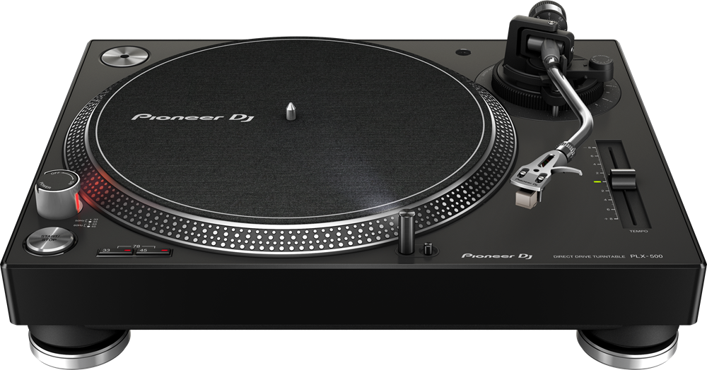 Black turntable with silver details. Pioneer DJ logo. The platter and tone arm are visible.