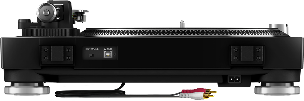 A black turntable, side view. Shows connectors for audio, USB and power cord.