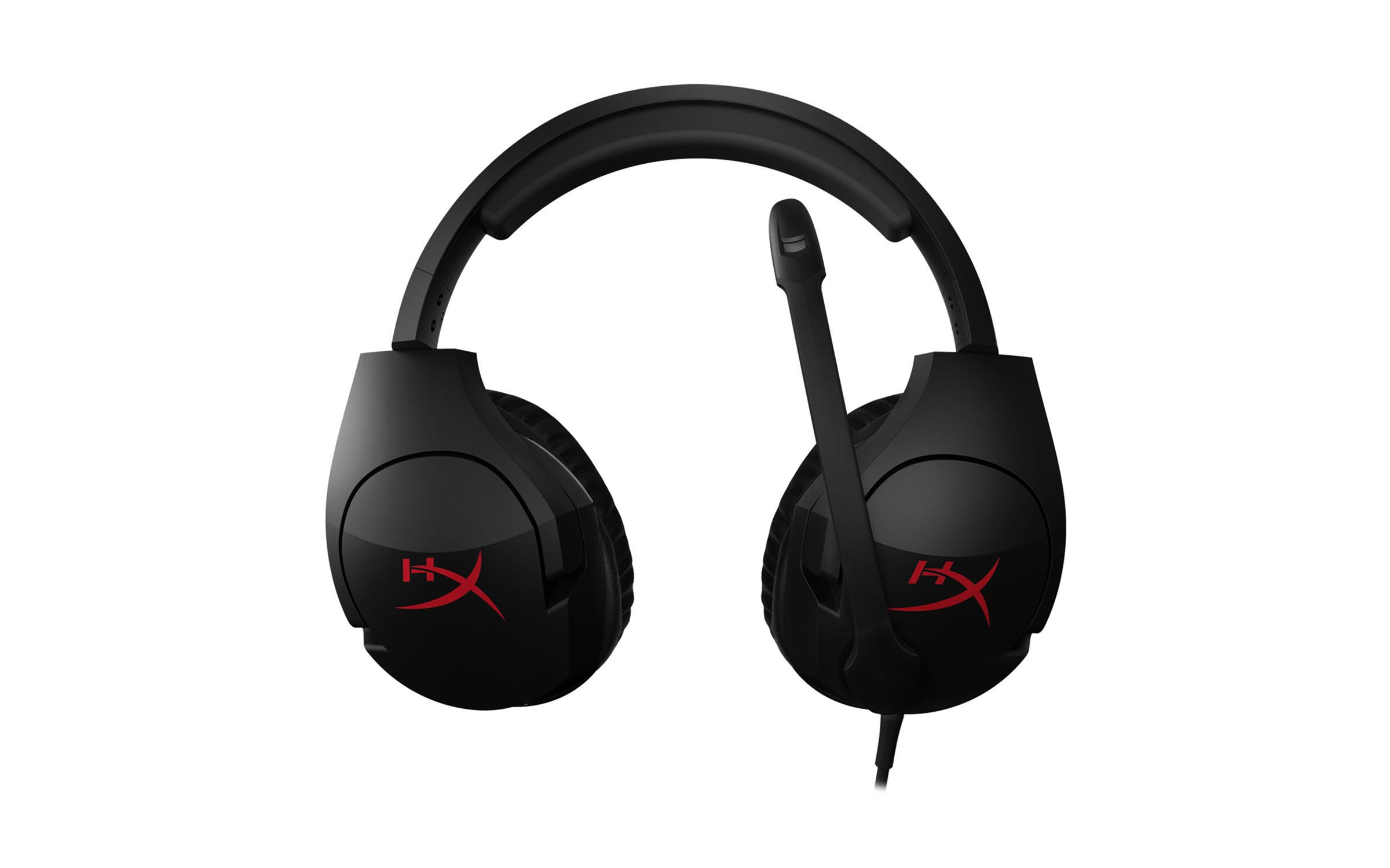 Schwarzes HyperX-Gaming-Headset mit rotem Logo. Das Headset hat ein Mikrofon und befindet sich vor weißem Hintergrund.