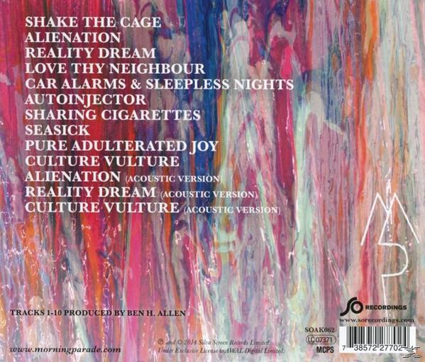 Albumcover mit abstrakten, farbenfrohen Pinselstrichen und einer Liste von Songtiteln. Weißer Text.
