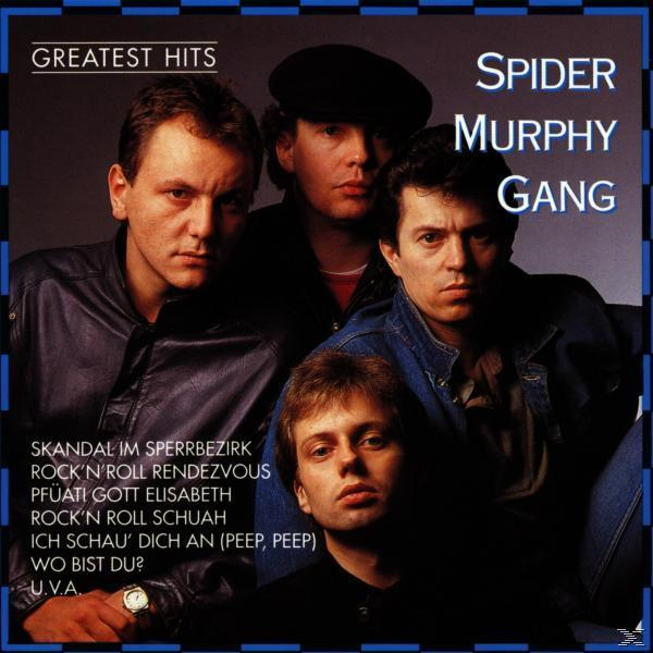 Vier Männer vor blauem Hintergrund. Albumcover mit Text 'Greatest Hits' und 'Spider Murphy Gang'.
