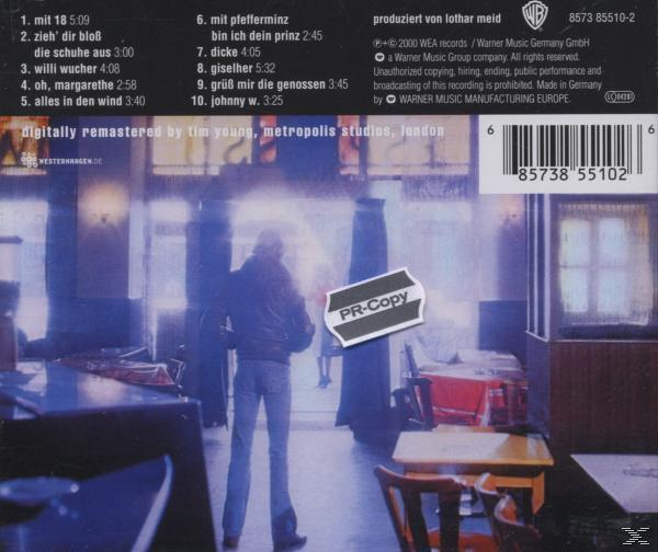 Rückseite einer CD mit deutschem Text, einschließlich Titellisten und einer verschwommenen Szene.