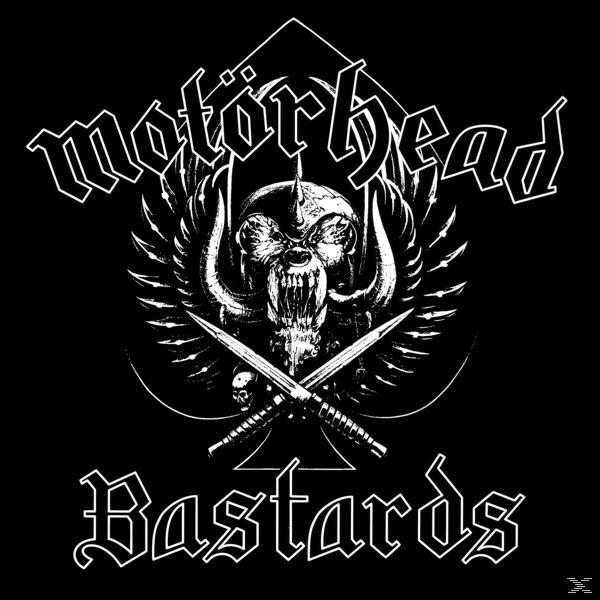 Schwarz-weißes Motörhead-Albumcover mit einem Totenkopf, Flügeln und gekreuzten Schwertern.