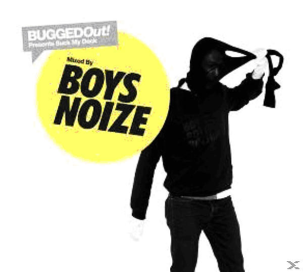 Albumcover. Eine Person in einem schwarzen Kapuzenpullover und Maske hält ein Hemd. Gelber Kreis mit Text.