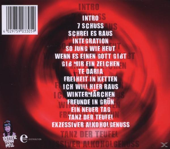 Album-Rückseite mit Songtiteln, rotem Hintergrund und einem kleinen Logo.