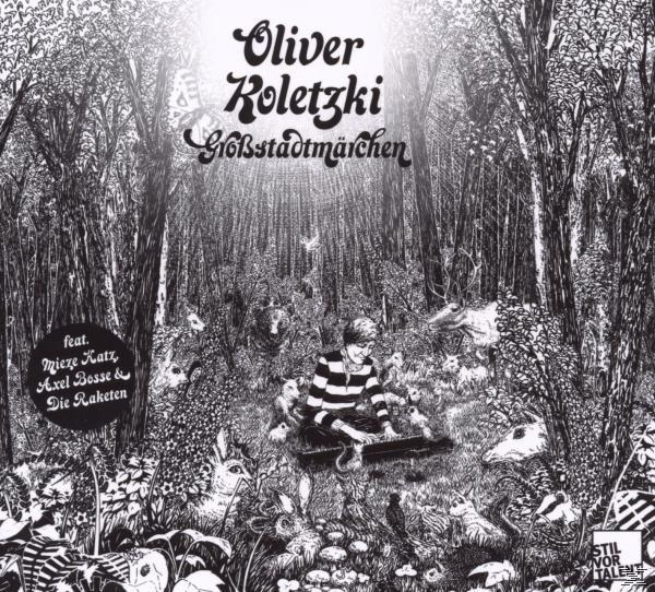 Albumcover mit gezeichneter Waldszene und einer Person, die Keyboard spielt.