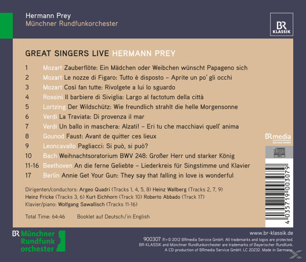 Hermann Prey - Great Singers Live  - (CD)