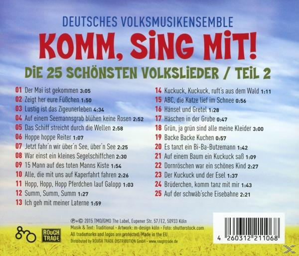 CD-Cover mit Titelliste von 'Komm, Sing Mit!' Blauer Himmel im Hintergrund. Text auf Deutsch.