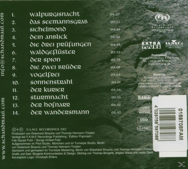CD-Rückseite mit Trackliste auf Deutsch und Werbedetails. Grüne und weiße Farben.