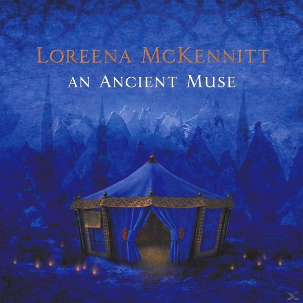 Albumcover. Blaue Szene, Zelt, Text: Loreena McKennitt, An Ancient Muse.