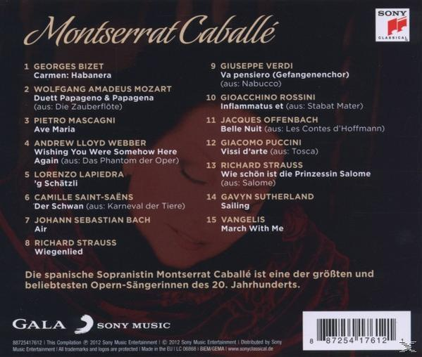 CD-Cover mit dem Titel Montserrat Caballé und einer Titelliste. Der Hintergrund ist ein dunkelroter Farbverlauf.