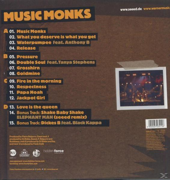 Rückseite des Albums 'Music Monks' mit Trackliste, Bandfoto und Credits.