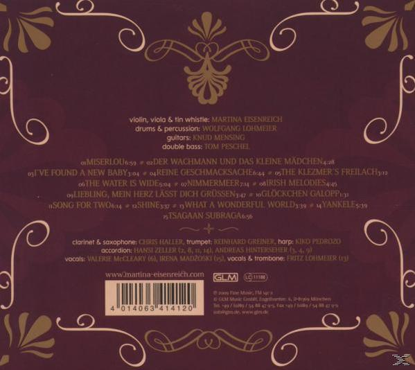 Rückseite eines CD-Covers mit Songtiteln und Credits, mit kunstvollem Gold- und Burgunder-Design.