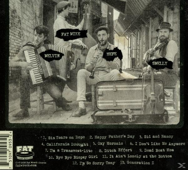 Albumcover für Fat Wreck Chords. Bandmitglieder mit Instrumenten, Textüberlagerung.