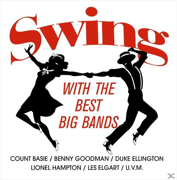 Swing-Tanz-Bild. Mann und Frau in schwarzen Silhouetten, roter Text, auf weißem Hintergrund. Count Basie usw. sind aufgeführt.