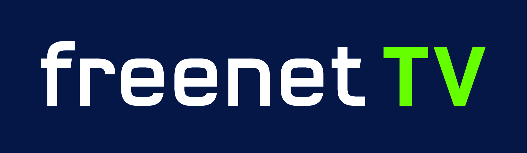 Freenet TV Logo, weißer Text auf dunkelblauem Hintergrund.
