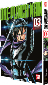 Manga-Cover von 'One-Punch Man' Band 03. Zeigt eine Figur mit Schwert. Weißer Hintergrund.