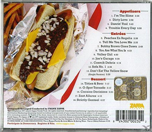Pochette arrière de CD avec un hot-dog, des frites et du texte, sur fond blanc, avec une bande rouge.