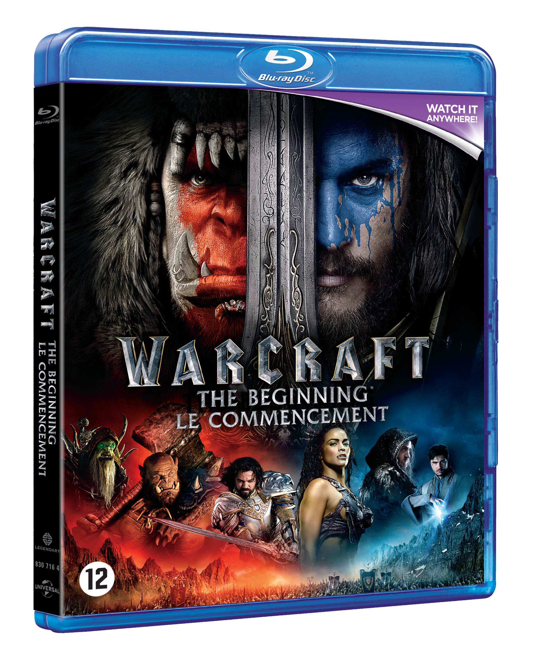 Blu-ray cover voor Warcraft. Een man met blauwe gezichtsverf, en een man met vacht. Zwaard ertussen.