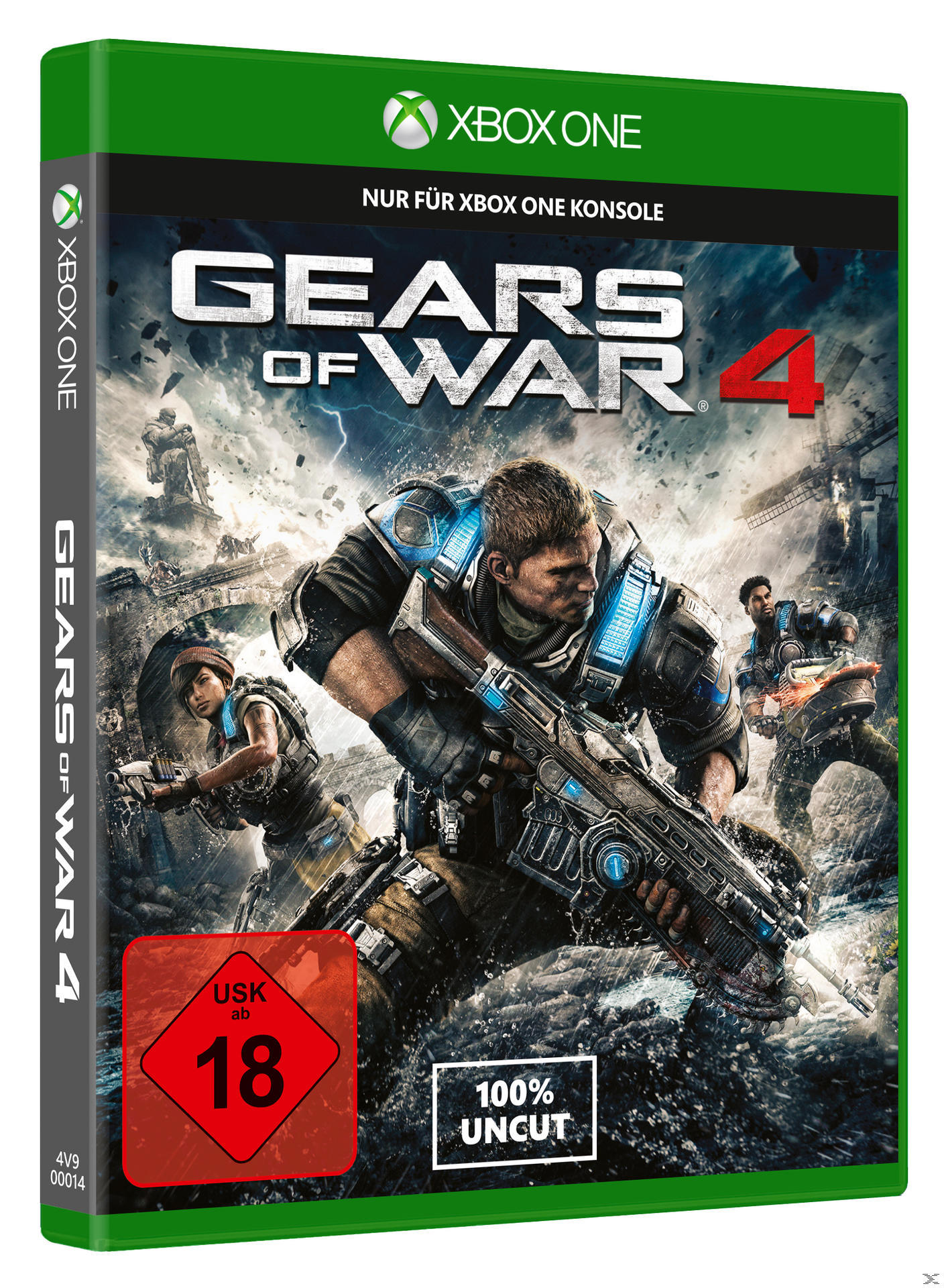 Xbox One Spielbox für Gears of War 4. Zeigt Soldaten mit Waffen und ein rotes Bewertungssymbol.