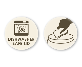 Twee iconen: vaatwasserbestendig deksel en een hand die een deksel met een spons wast, op crèmekleurige achtergrond.