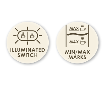 Twee cirkels met pictogrammen. Eén toont een verlichte schakelaar, de ander min/max markeringen.