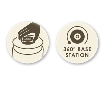 Twee cirkelvormige pictogrammen: hand draait een deksel en 360° basisstation.