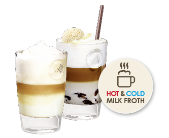 Twee glazen melkschuim, een met karamel en ijs, en een logo: Hot & Cold Milk Froth.