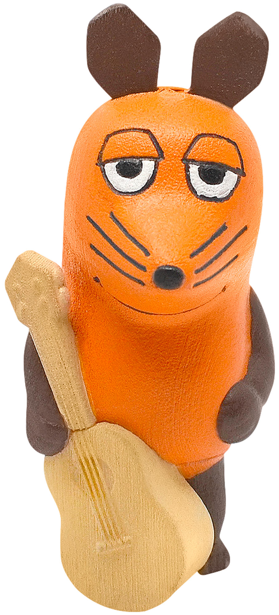 Cartoon-Maus hält eine Gitarre. Oranger Körper, braune Ohren. Es ist ein Holzspielzeug.