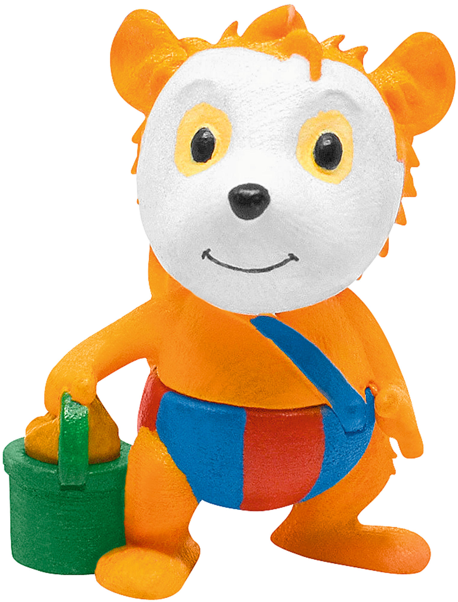 Cartoon-Bärenfigur, orangefarbener Körper, blaue und rote Shorts, hält einen grünen Eimer.