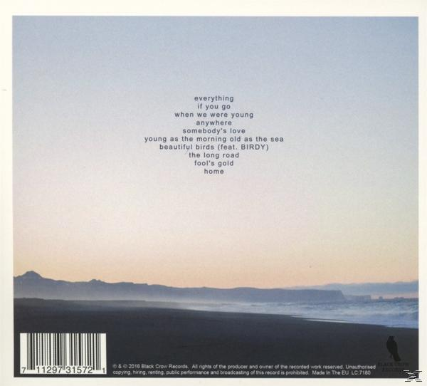 Albumcover mit Songtiteln, einer Strandszene und einem bewölkten Himmel. Barcode und Copyright-Informationen.