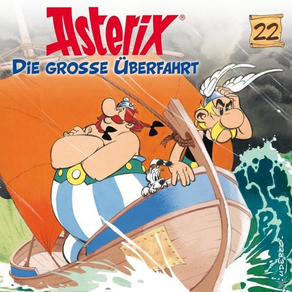 Comic-Cover: Asterix und Obelix auf einem Boot, mit stürmischer See und Text darüber.