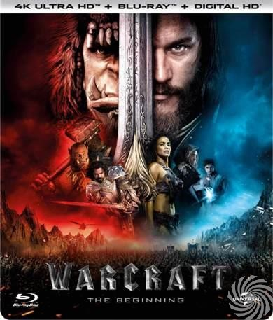 Filmposter voor 'Warcraft: The Beginning' met personages en een zwaard. 4K Ultra HD.