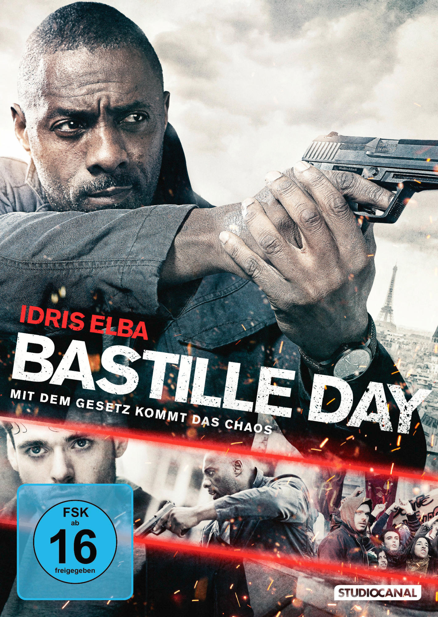 Filmposter mit Idris Elba, der eine Waffe hält. Text in Deutsch und Französisch.