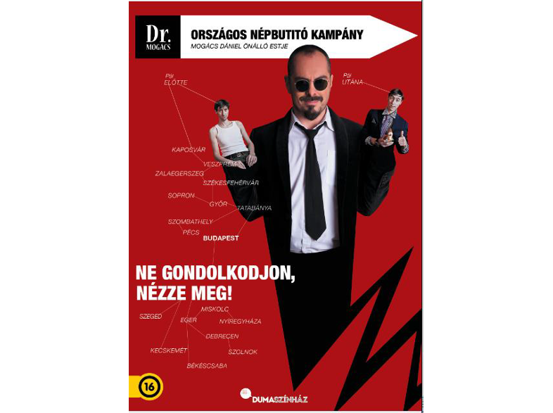 Magyar politikai hirdetés egy férfival és más figurákkal. Piros háttér.