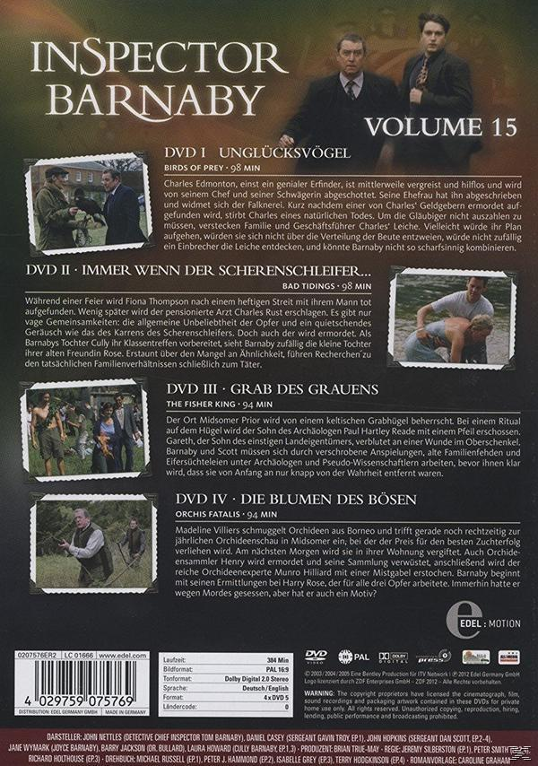 Rückseite der Inspector Barnaby DVD Volume 15. Text und Bilder von Schauspielern und Episoden sind sichtbar.