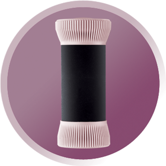 A cylindrical black and white filter component with a pinkish-purple background.