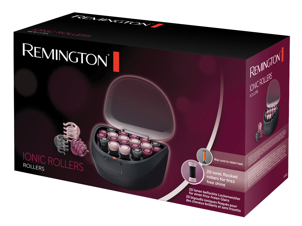 A Remington Ionic Rollers box, featuring the product and instructions on a pink background.