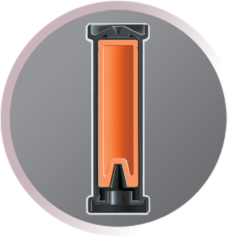 A cross-section of an orange-colored electric toothbrush head in a grey circle.