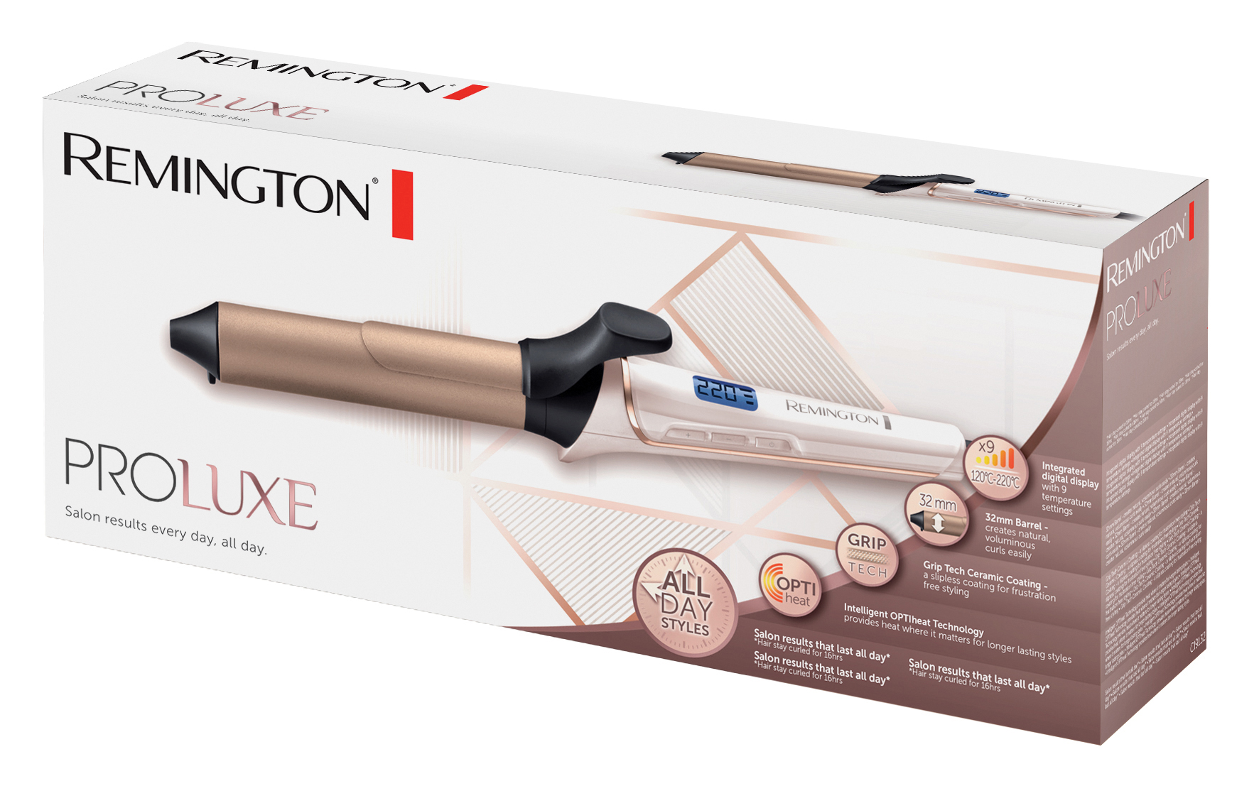 Box einer Remington Proluxe Lockenstab. Der Lockenstab ist auf der Box. Weißer Hintergrund.