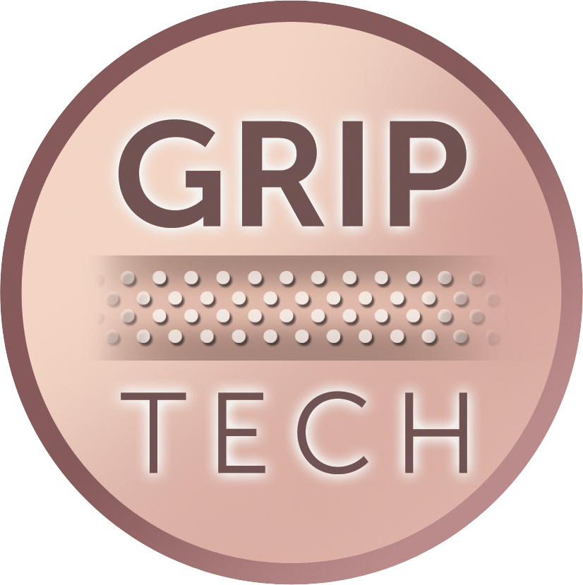 Rosa Abzeichen mit dem Text GRIP TECH und einem gepunkteten Muster.