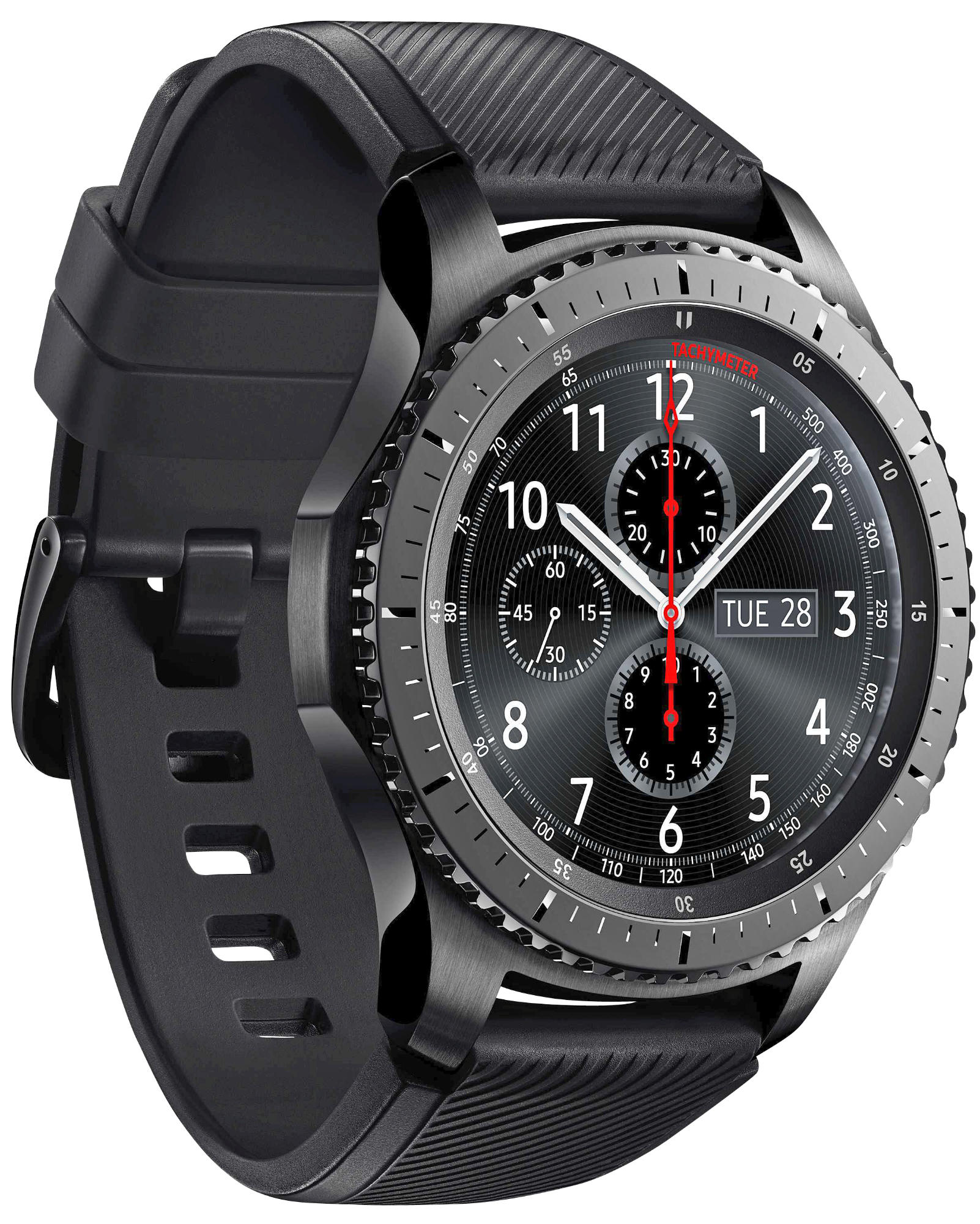 Smartwatch negra con esfera redonda y correa negra.