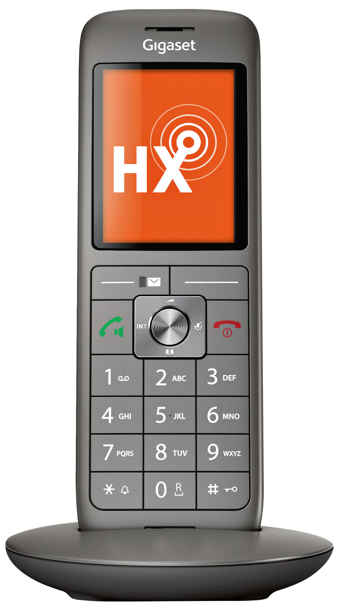 Graues Gigaset-Schnurlostelefon mit schwarzer Basis, das einen orangefarbenen Bildschirm und eine Tastatur zeigt.