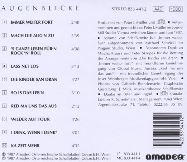 Rückseite einer CD mit einer Liste von Liedern auf Deutsch und Text von 'amadeo'.