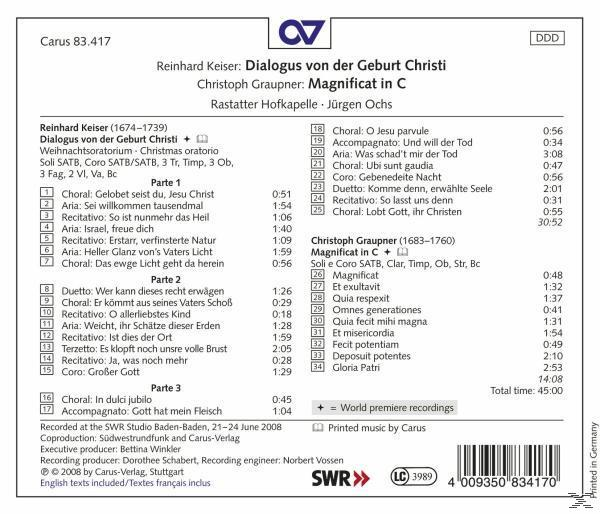 Rückseite eines CD-Cases mit Text über eine religiöse Komposition von Reinhard Keiser, schwarzer Text auf Weiß.