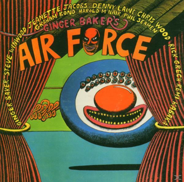 Albumcover: Ginger Bakers Air Force. Ein Clown-Gesicht, Vorhänge und Bandmitglieder umgeben es.