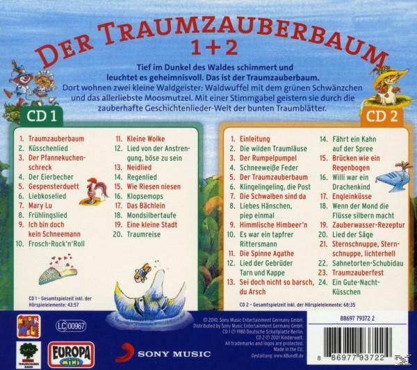 Rückseite einer Kinder-CD, bunte Illustration einer Waldszene mit Text auf Deutsch.