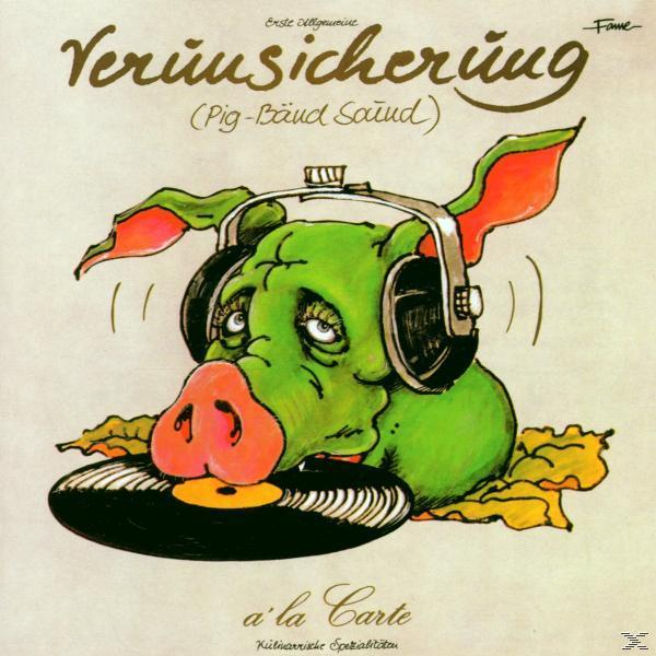 Grünes Schwein mit Kopfhörern und Vinyl, Albumcover. Text: Verunssicherung. Pig-Baud Sound. a la Carte. Fame.