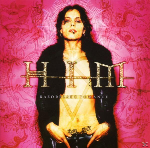 Mann mit dunklen Haaren, rauchend, trägt eine schwarze Jacke und das 'HIM'-Logo auf pinkem Hintergrund. Albumcover 'Razorblade Romance'.